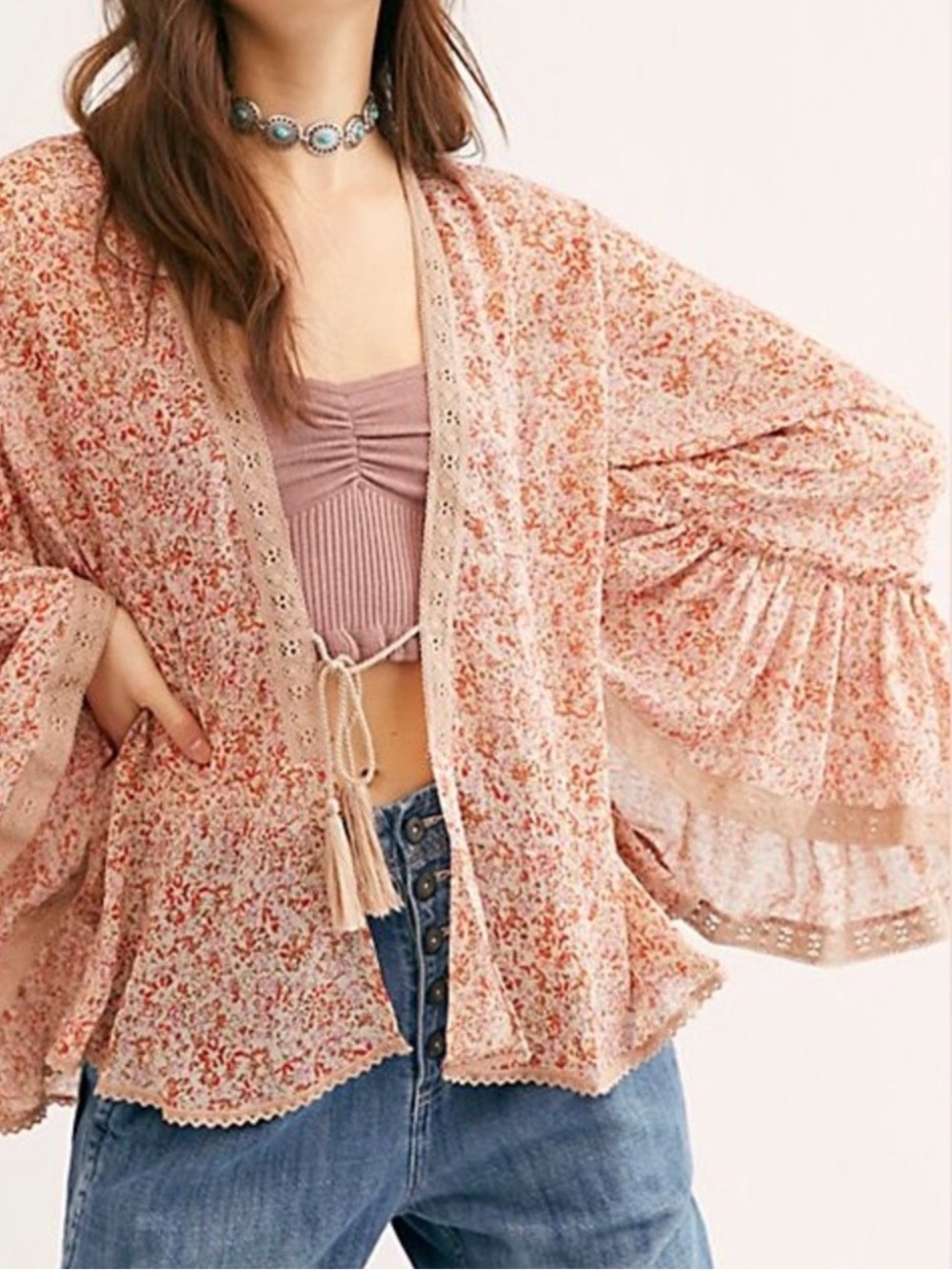 Free People Kimono Boho Floral Tie-Front Kimono in Blush Pink (B5)